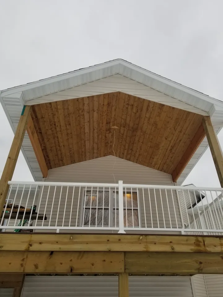 Deck railing, tongue and groove ceiling, custom ceiling light box